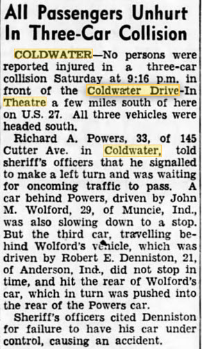 Coldwater Drive-In Theatre - 12 Jul 1954 Car Accident (newer photo)